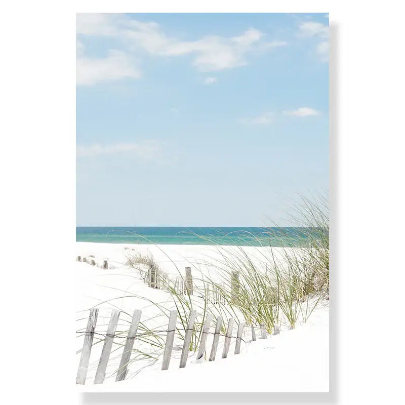 DecorBites summer beach seashell canvas wall art featuring white sandy shore turquoise ocean and wooden fence