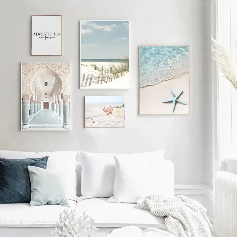 Set of five framed decorbites summer beach seashell canvas wall art featuring pastel coastal scenes and starfish