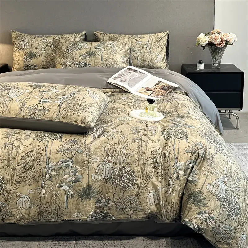 Beige and gray botanical print satin silk duvet cover set with subtle sheen from decorbites summer floral collection