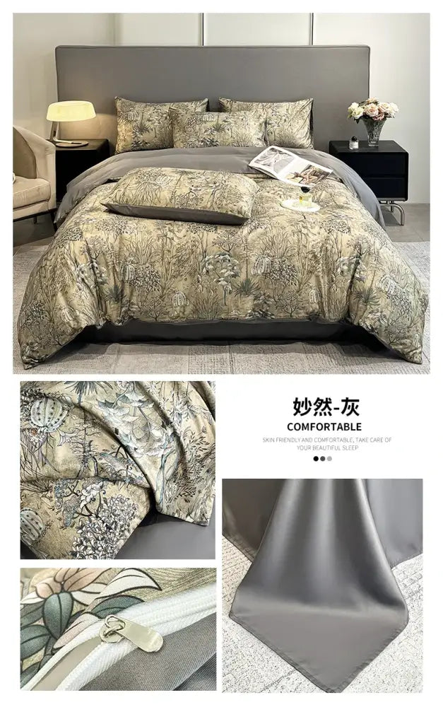 Beige and gray floral-patterned satin silk duvet cover set with matching pillowcases from decorbites summer floral collection