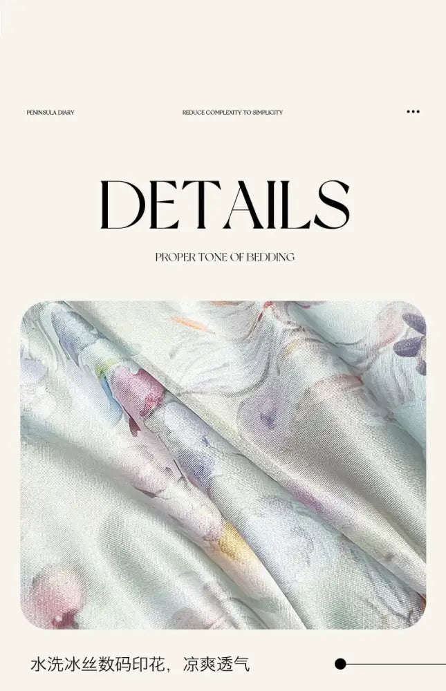 Decorbites™ summer floral satin silk duvet cover set featuring delicate light-colored fabric with soft watercolor floral print