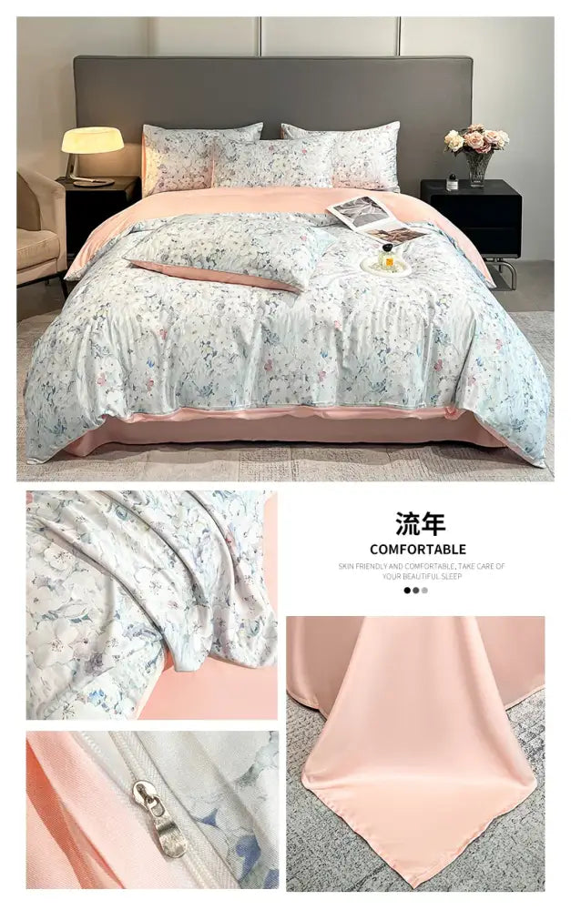Decorbites summer floral satin silk duvet cover set with light blue floral pattern and soft pink satin border cover set