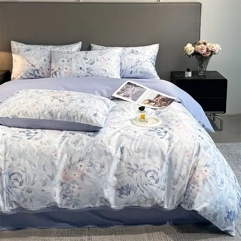 Light blue floral duvet cover set with pastel rose patterns in soft satin silk fabric by decorbites summer floral