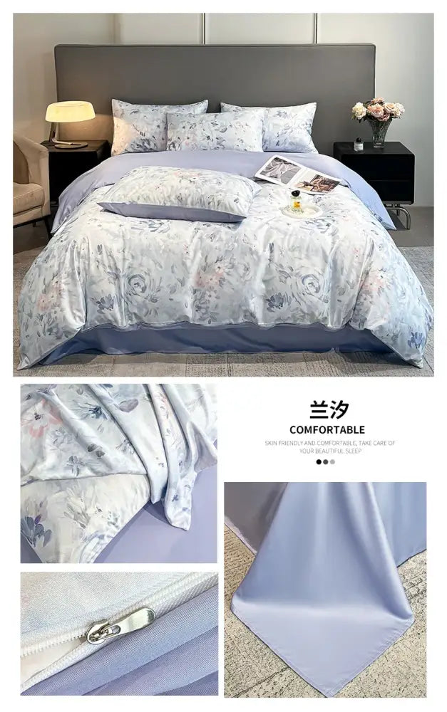Light blue floral-patterned satin silk duvet cover set with lavender accents from decorbites™ summer collection