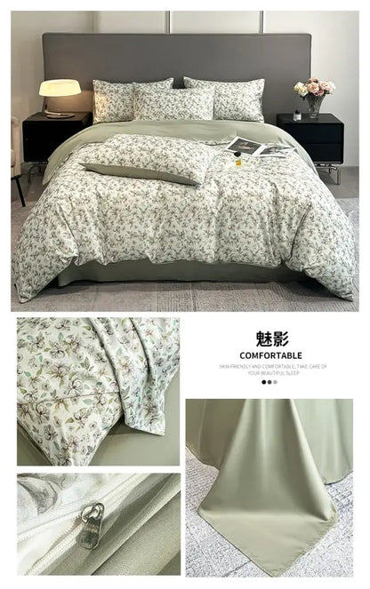 Mint green floral printed duvet cover set with soft breathable satin silk fabric and subtle zipper detail by DecorBites