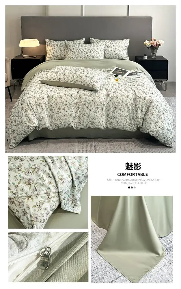 Mint green floral printed duvet cover set with soft breathable satin silk fabric and subtle zipper detail by DecorBites