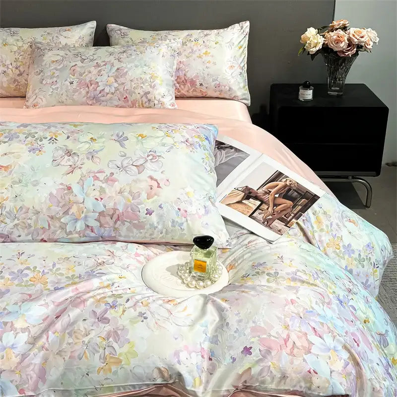 Decorbites summer floral satin silk duvet cover set featuring pastel floral and butterfly patterns in soft pink lavender and yellow