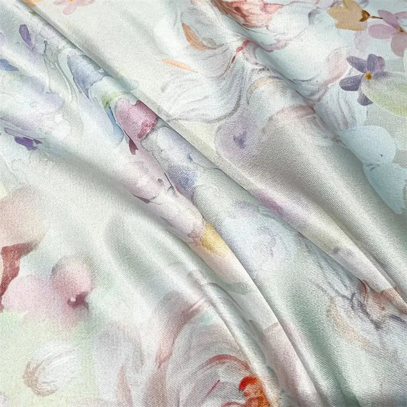 Decorbites™ summer floral satin silk duvet cover set with pastel watercolor flowers on soft off-white fabric