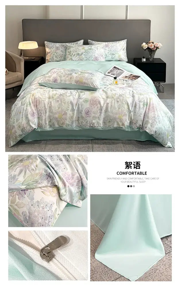 Soft mint green floral satin silk duvet cover set by decorbites with subtle elegant design for summer use