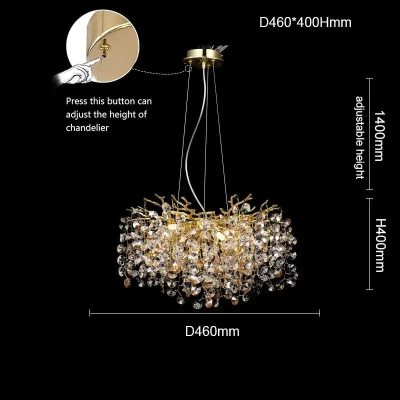 Gold-toned DecorBites™ sunflower crystal chandelier with cascading clear crystal droplets for dining room with adjustable height