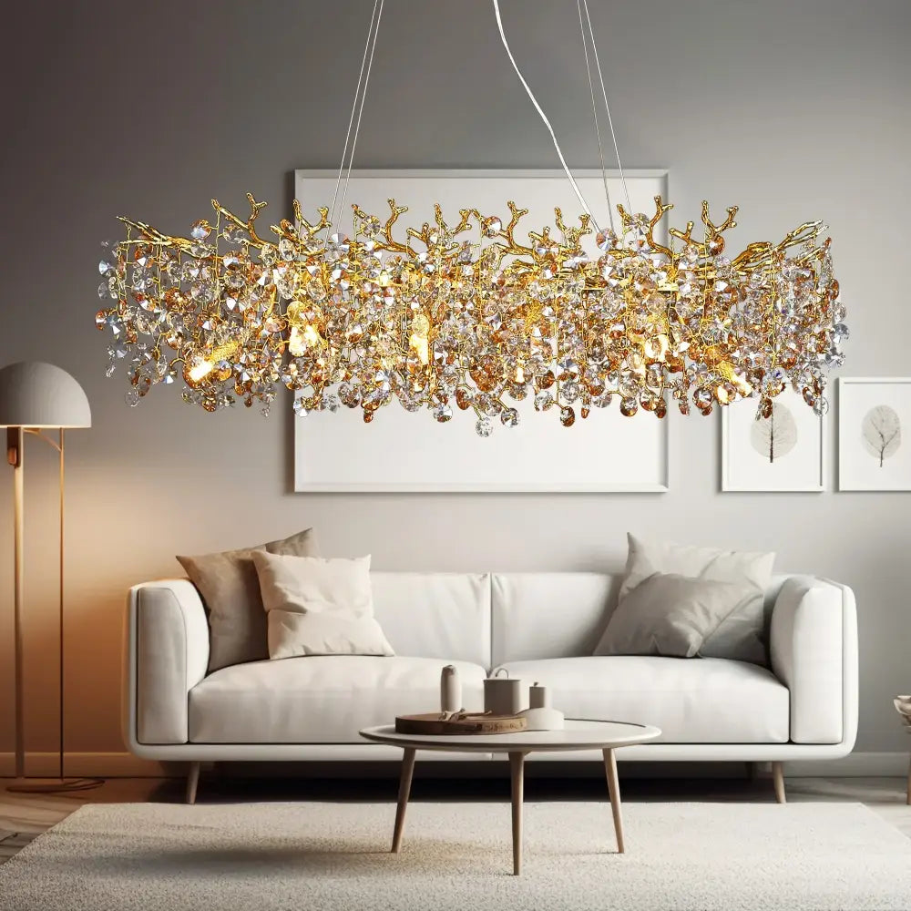 Golden crystal sunflower crystal chandelier with intricate branching and hanging clear crystals for dining room decor