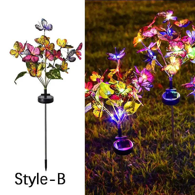 Colorful butterfly-themed sunflower solar garden light with illuminated wings and leaves for solar lawn decor