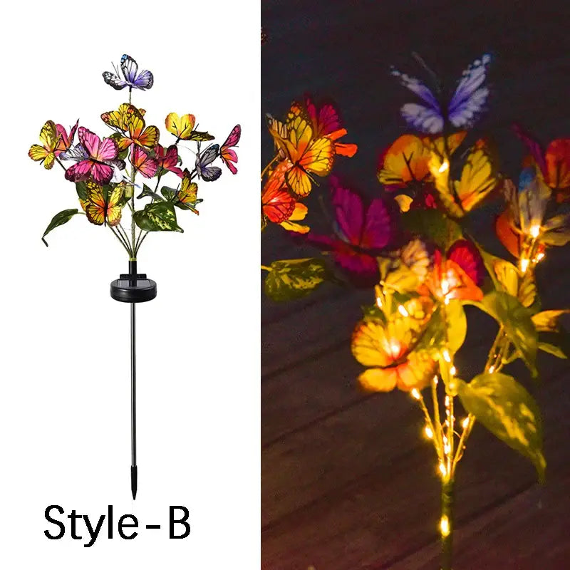 Decorbites™ sunflower solar garden lights with colorful butterfly-themed led decorations on black metal stem for solar lawn use