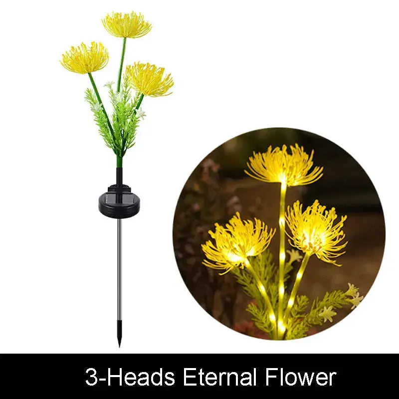 Yellow solar-powered DecorBites sunflower solar garden lights with three illuminated heads and green plastic stems for outdoor decor