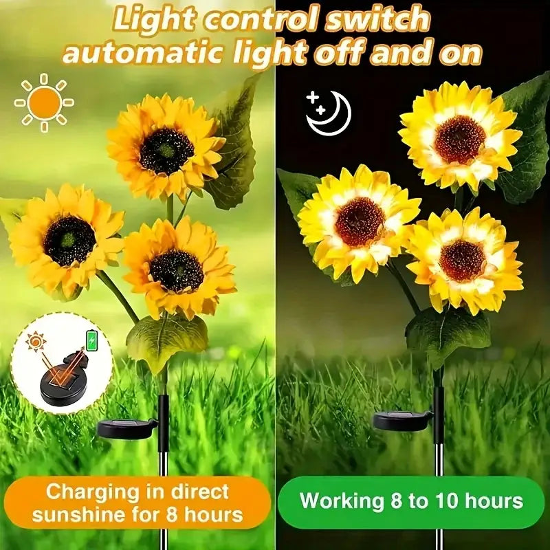 DecorBites™ sunflower solar LED garden light with yellow petals, dark brown centers, black stake, and auto brightness feature