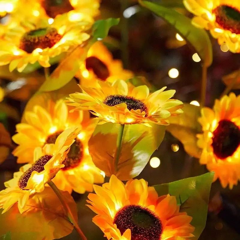 Decorbites™ sunflower solar led garden light with vibrant yellow artificial sunflowers and auto brightness feature illuminated by warm fairy lights