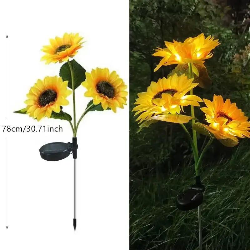 DecorBites sunflower solar LED garden light with auto brightness features yellow petals and black stake solar panel