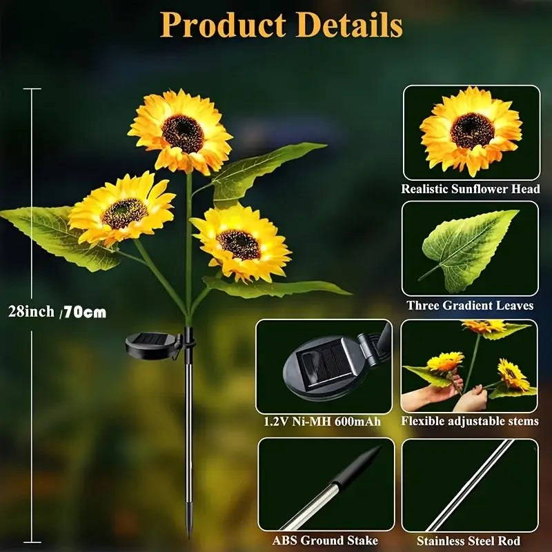 DecorBites sunflower solar garden light with auto brightness features realistic yellow petals and green gradient leaves
