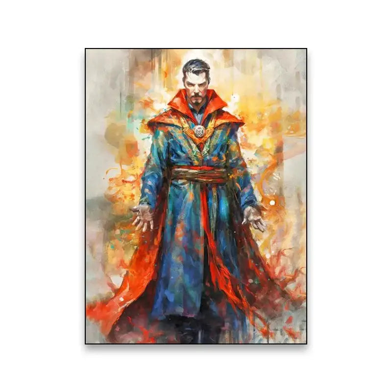 Decorbites™ superhero canvas wall art featuring a watercolor painting of doctor strange in blue and red robe with gold accents