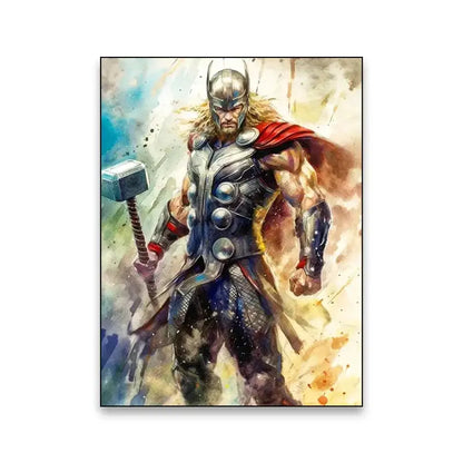 Watercolor painting of thor in metallic armor with red cape holding mjolnir on superhero canvas wall art by decorbites