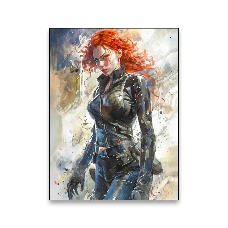 Watercolor DecorBites™ superhero canvas wall art of black widow in black tactical suit with vibrant red hair