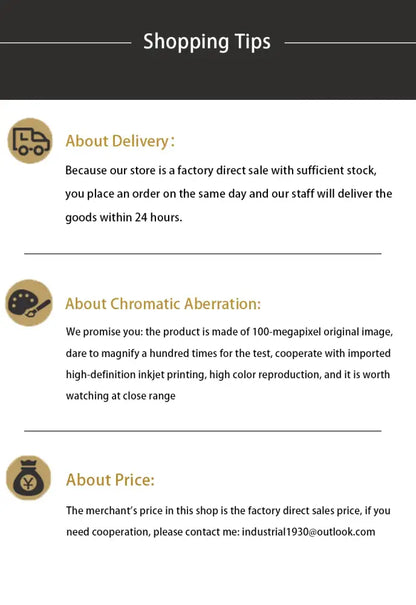 Shopping tips section with icons explaining delivery, chromatic aberration, and price for DecorBites superhero canvas wall art