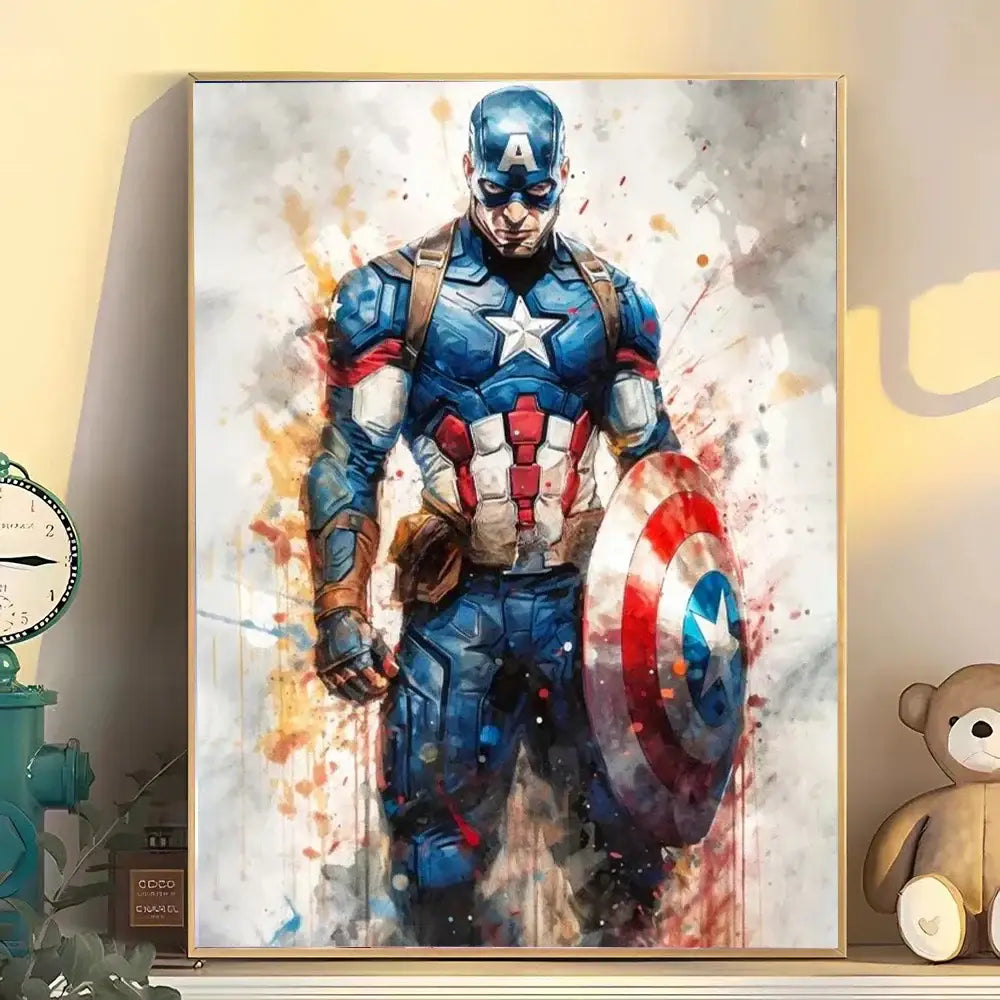 A framed watercolor style superhero canvas wall art of captain america in blue white and red suit holding his shield