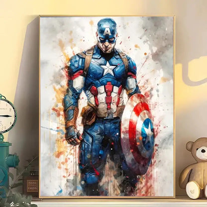 A framed watercolor style superhero canvas wall art of captain america in blue white and red suit holding his shield
