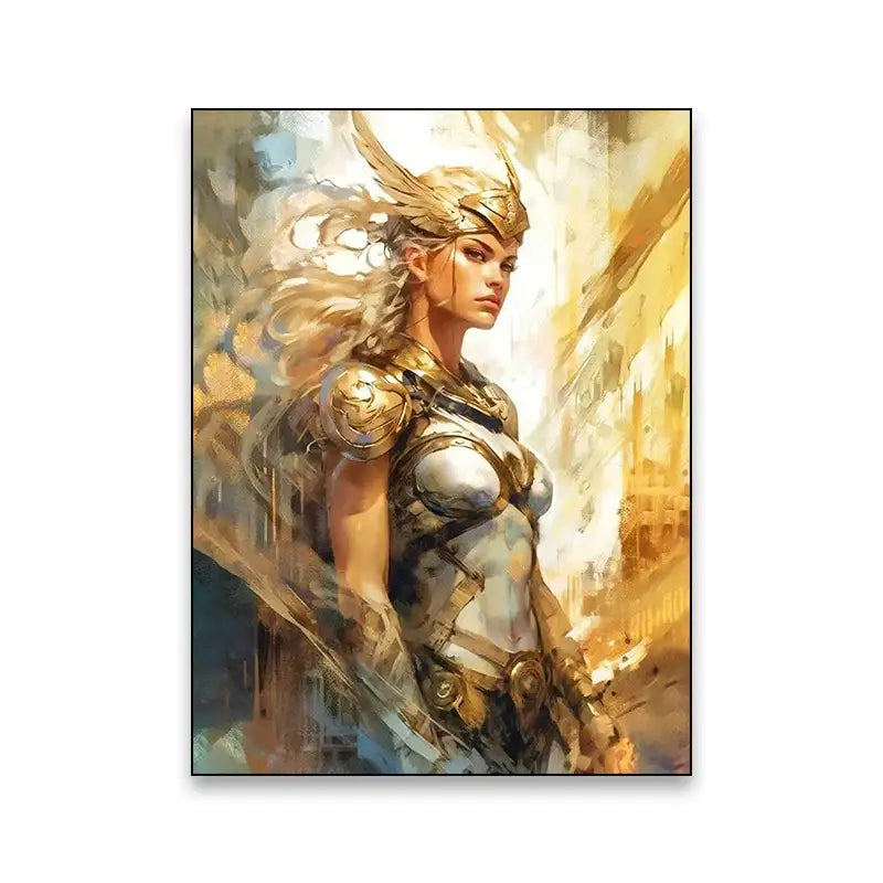 Golden-winged warrior woman in ornate metallic armor with flowing blonde hair superhero canvas wall art by decorbites