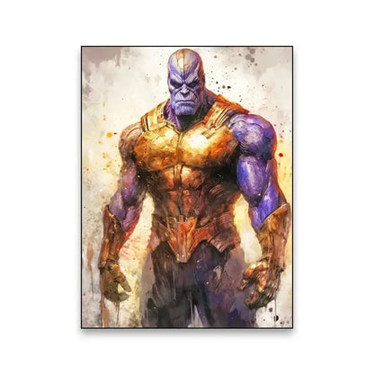 Decorbites™ superhero canvas wall art featuring purple-skinned thanos in golden brown armor with watercolor splatter effects