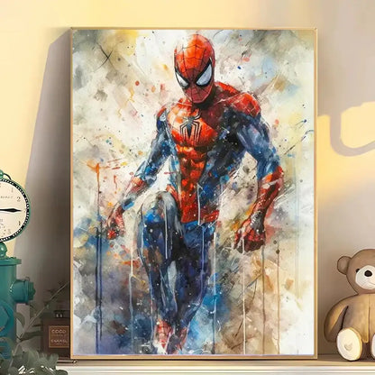 Red and blue spider-man dynamic watercolor splatter superhero canvas wall art from decorbites™ marvel characters collection
