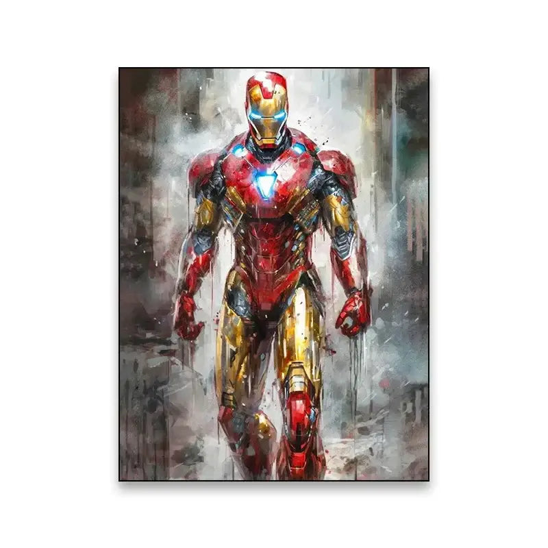 Red and gold iron man suit with glowing blue arc reactor depicted in dynamic painted artwork superhero canvas wall art