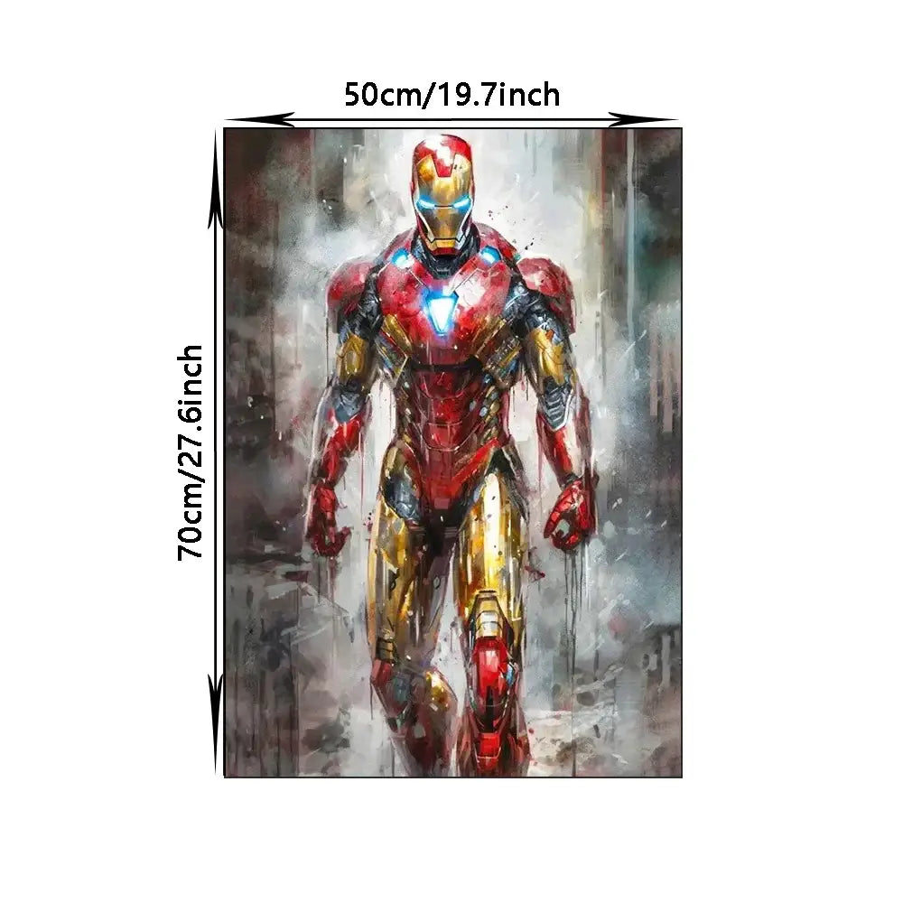 DecorBites™ superhero canvas wall art featuring a red and gold iron man mural with glowing blue eyes