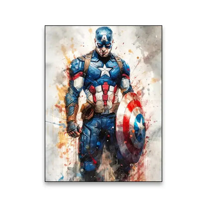 DecorBites™ superhero canvas wall featuring captain america in blue red and white holding shield star emblem on chest