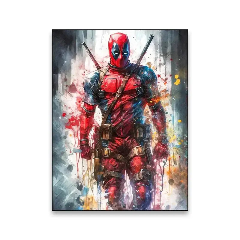 Vibrant red and black deadpool superhero canvas wall art with dynamic watercolor splatter effects by DecorBites Marvel
