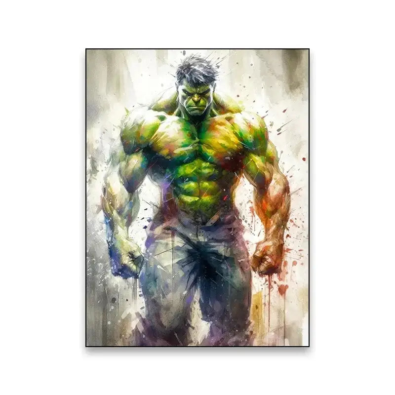 Decorbites™ superhero canvas wall art featuring vibrant green muscular hulk with dynamic watercolor splashes and bold brushstrokes
