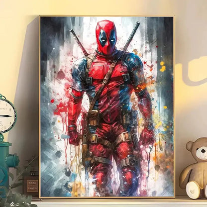 DecorBites superhero canvas wall art featuring vibrant red and black deadpool with dynamic paint splatter effects
