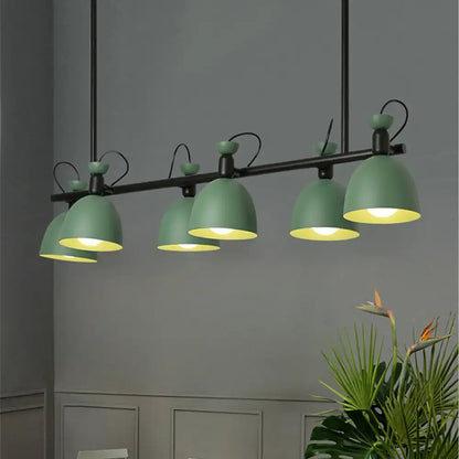 Modern green matte pendant light fixture with five dome shades and black metal arms swivelable for dining room 110v-120v light type