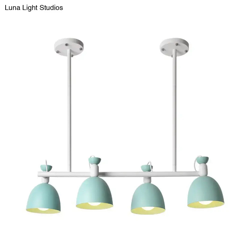 Pastel mint 110v-120v industrial style pendant light with four dome shades and white metal arms for dining room use