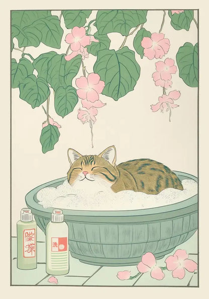 DecorBites™ tabby cat wall art showing a serene japanese tabby cat in a light green ceramic bathtub with white soap suds