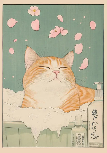 Decorbites™ tabby cat wall art canvas featuring a serene orange japanese tabby cat in a bathtub with cherry blossoms
