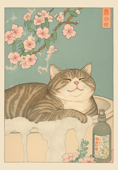 Decorbites™ tabby cat wall art features a serene japanese tabby cat in a bathtub with frothy white bubbles