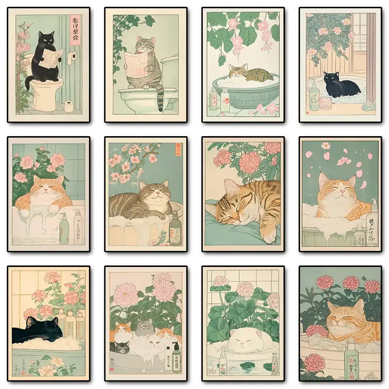Set of twelve framed vintage-style tabby cat wall art illustrations featuring japanese tabby cats in pastel bathroom scenes