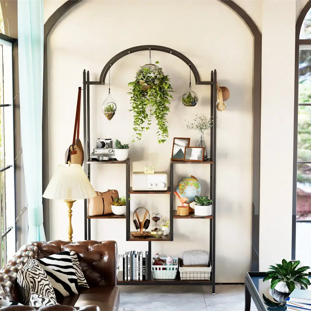 Decorbites™ tall 5-tier plant stand with hanging hooks in black metal and wood arch design holding plants and decor items