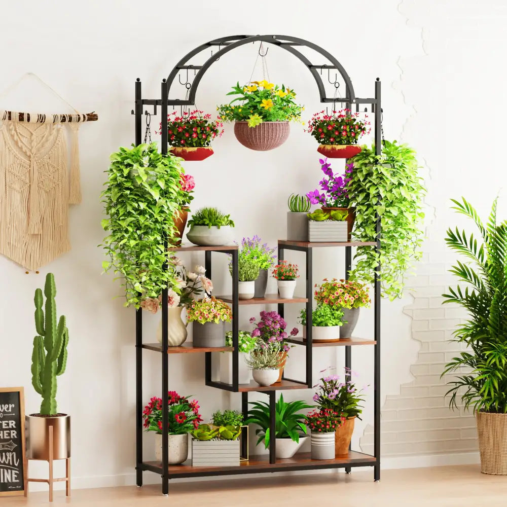 Decorbites tall 5-tier black metal and wood plant stand with arched top multiple shelves and hanging hooks plant holder