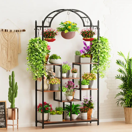 Decorbites tall 5-tier black metal and wood plant stand with arched top multiple shelves and hanging hooks plant holder