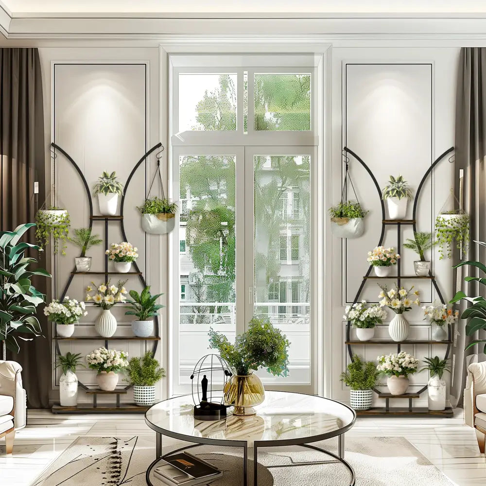 DecorBites™ tall black metal plant stand with arched vase shape and 5 tiers holding white ceramic pots and plants