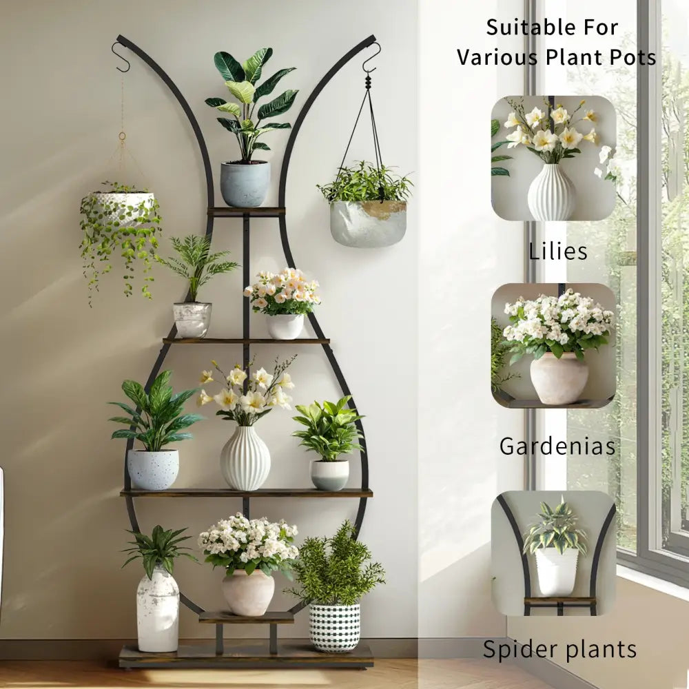 Decorbites tall black metal plant stand with 5 tiers wooden shelves and curved arches in vase shape design