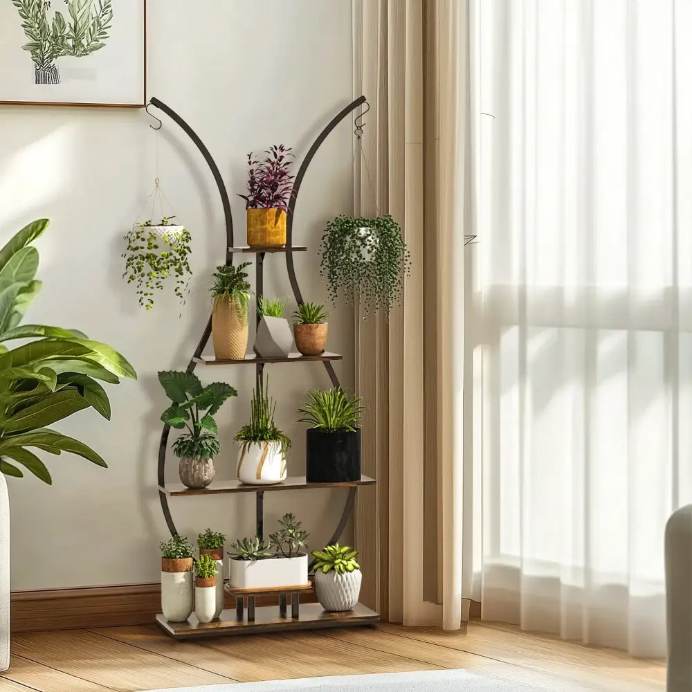 DecorBites™ tall black metal plant stand with vase shape curved arches and five tiers holding various potted plants