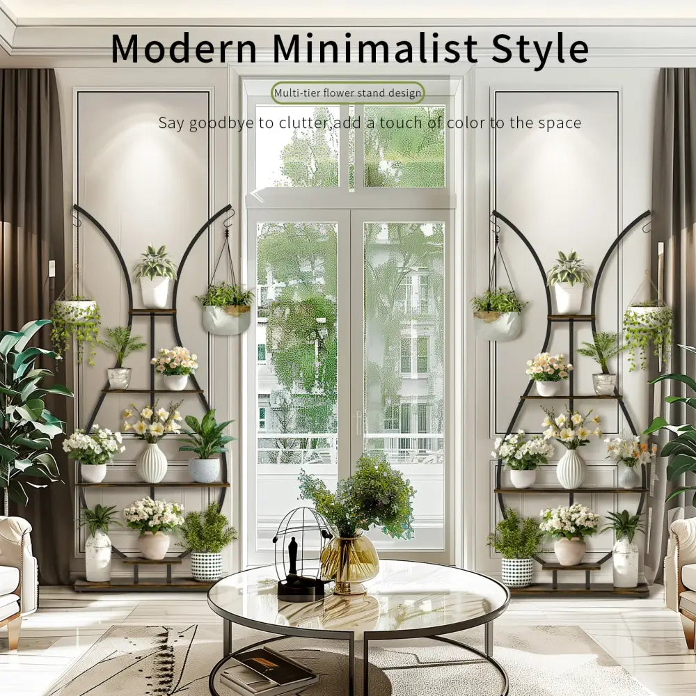 Black metal plant stand with 5 tiers featuring curved arches and hanging vase shape planters by decorbites